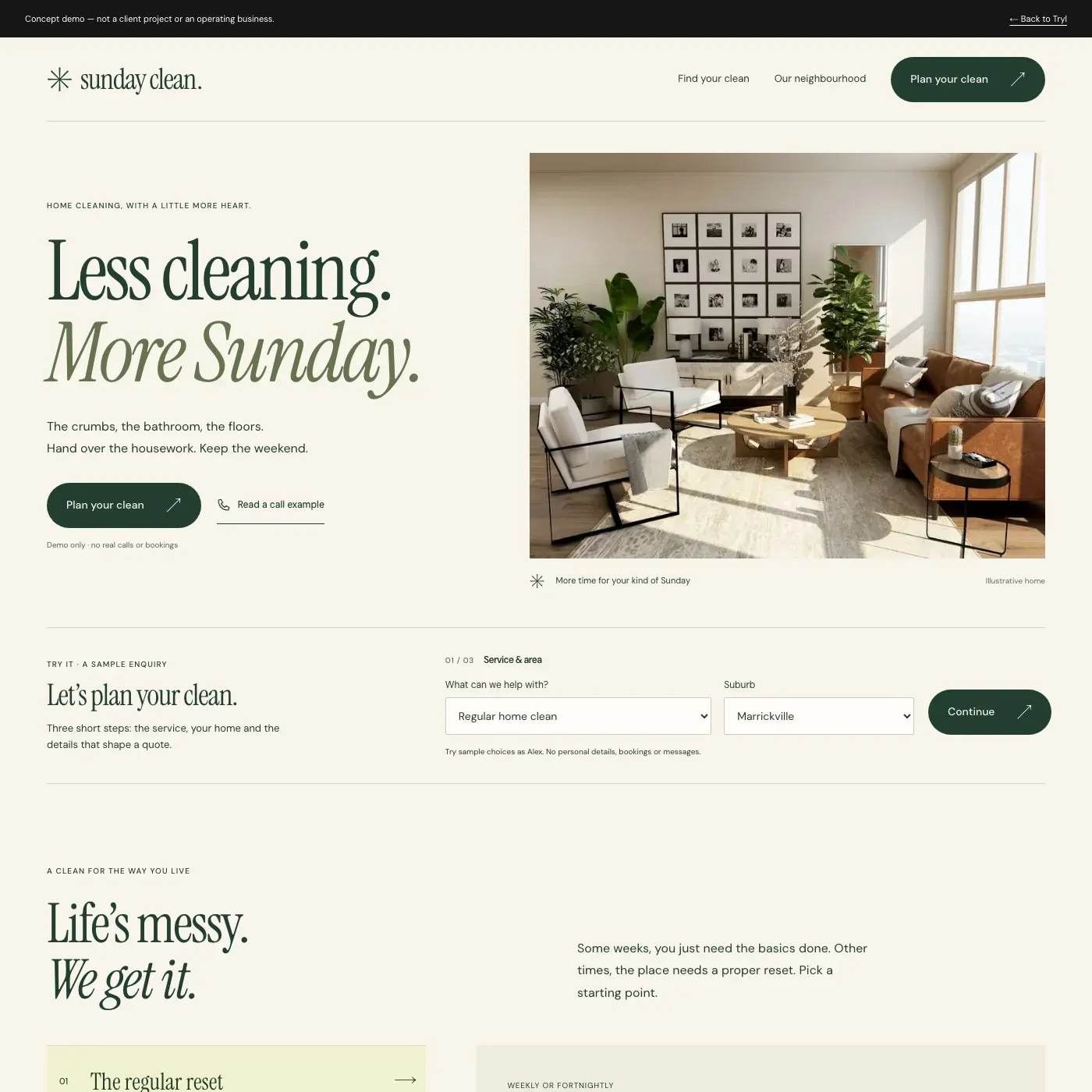 Sunday Clean concept website homepage