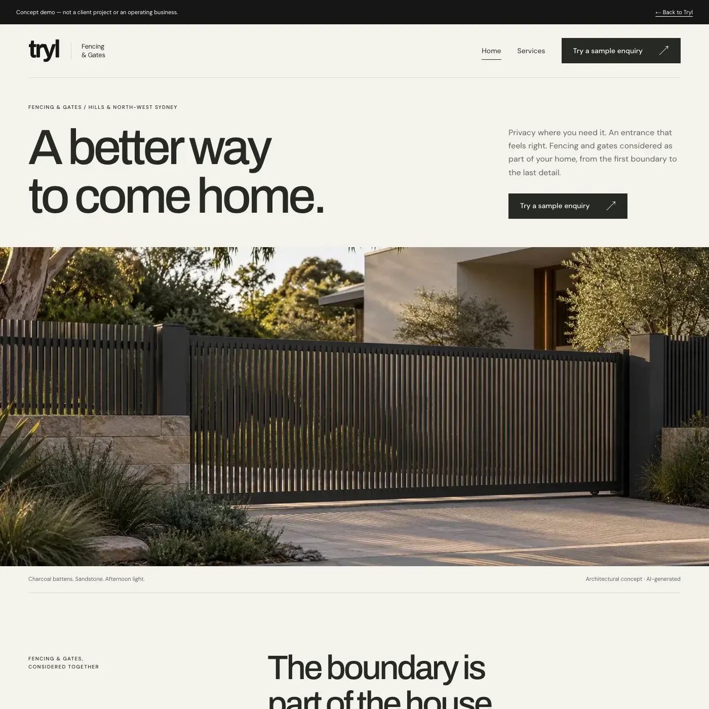 Tryl Fencing & Gates concept website homepage