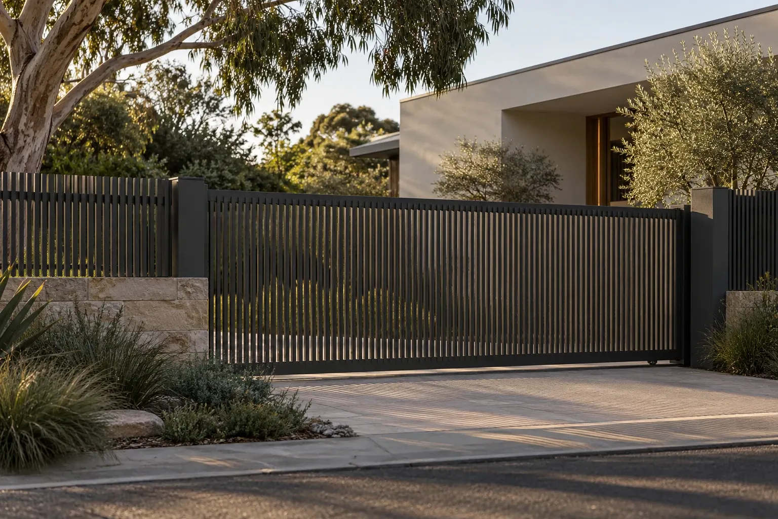 AI-generated architectural study of a charcoal batten driveway gate and a sandstone boundary