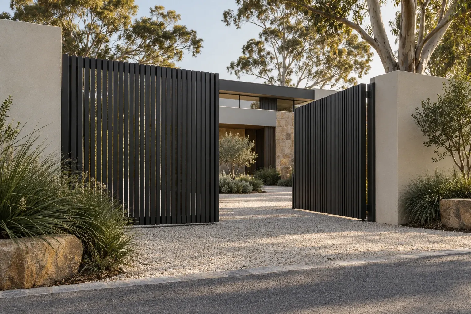 AI-generated open charcoal driveway gates and native planting concept