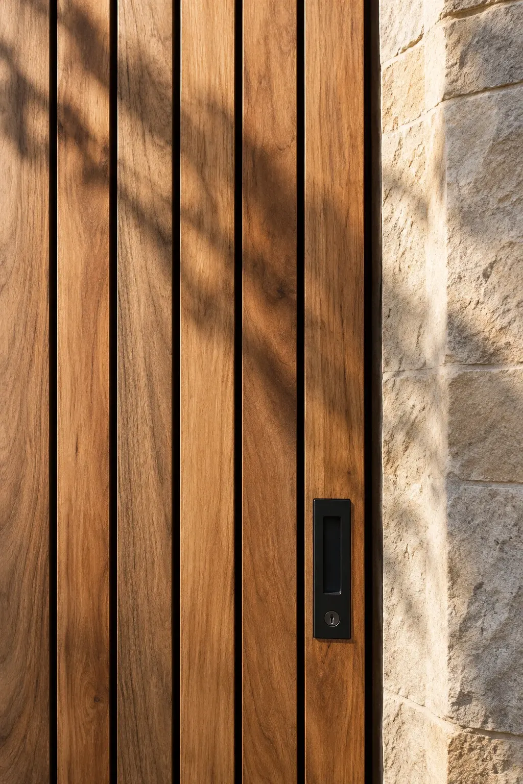 AI-generated detail of timber grain, shadow gaps and sandstone