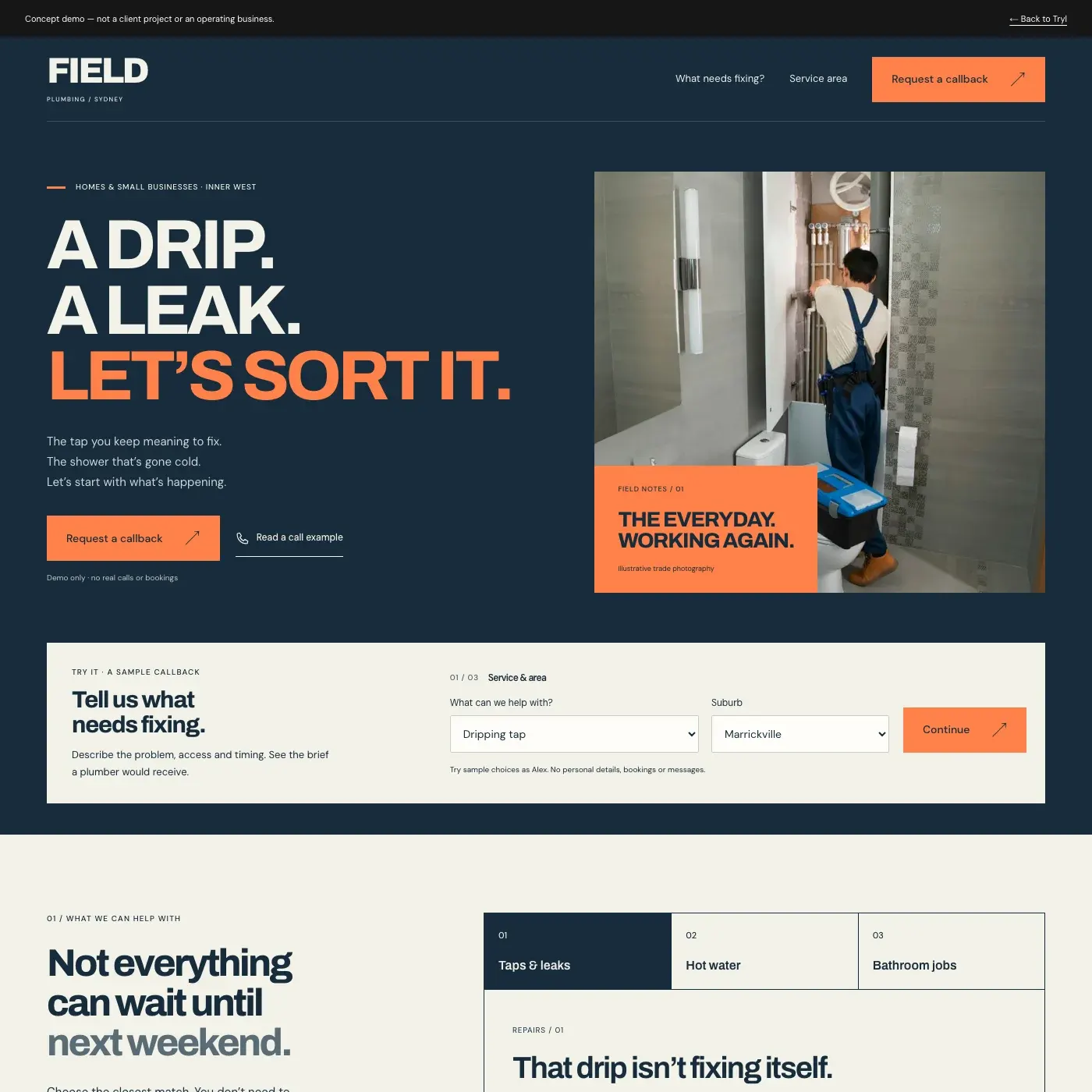 Field Plumbing concept website homepage